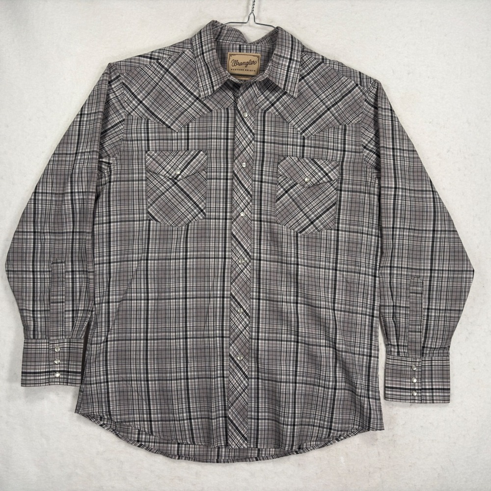 Wrangler Western Shirt Mens Large Grey Black Plaid Pearl Snap Long Sleeve Yoke